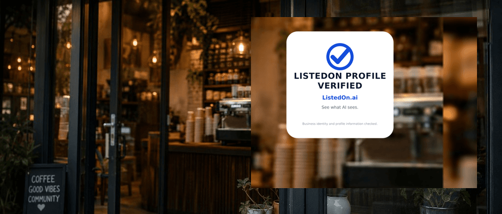 ListedOn Profile Verified window sticker displayed on a cafe storefront window.